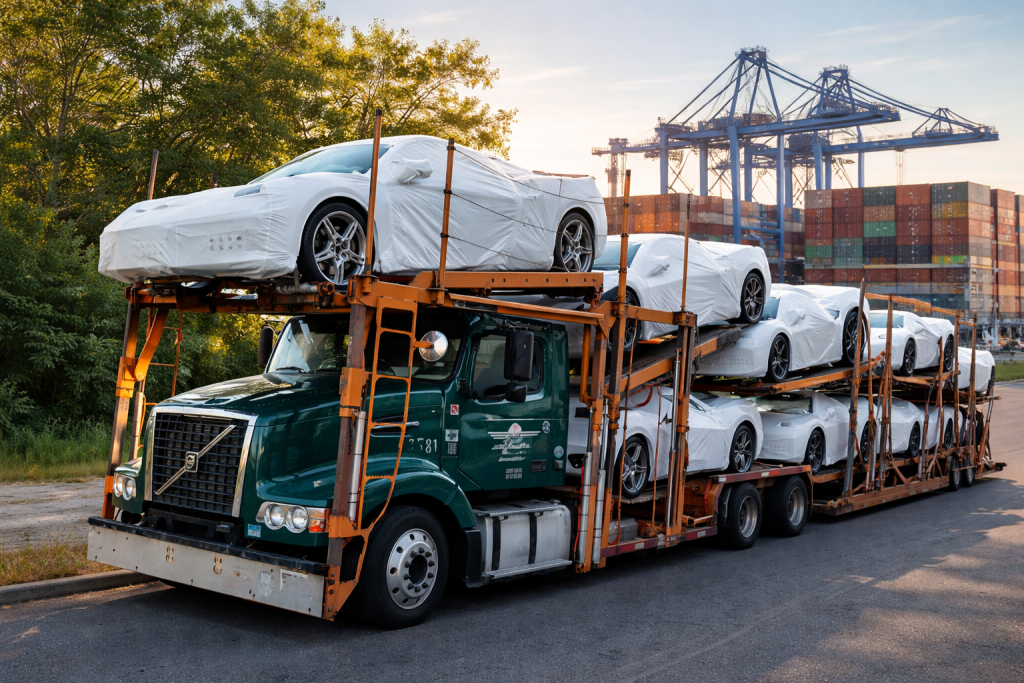 Car carrier truck loaded with vehicles wrapped for protection parked near a shipping port with cranes and stacked containers in the background, representing international vehicle export logistics.