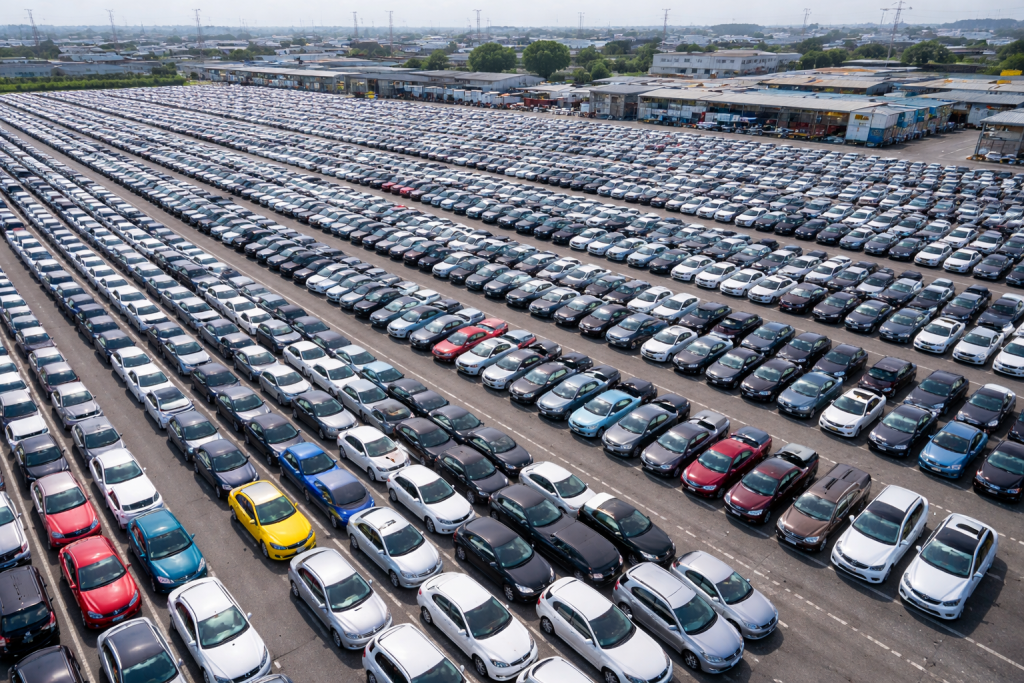 Aerial view of a large Japanese auto auction yard filled with hundreds of neatly arranged cars, illustrating high-volume vehicle sourcing and export operations.