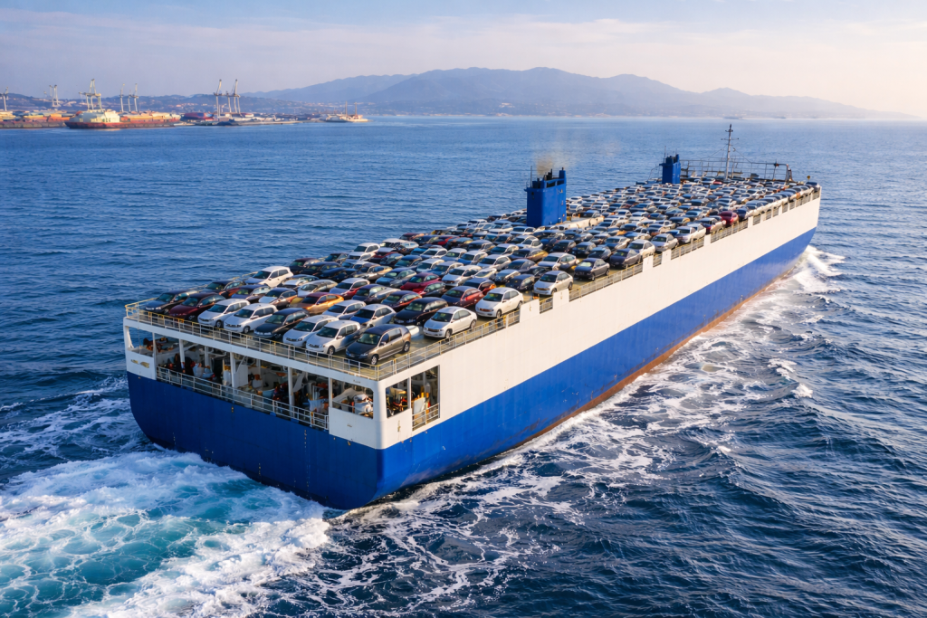 Roll-on roll-off (RoRo) cargo ship fully loaded with cars sailing across the ocean near a commercial port, representing international vehicle export from Japan