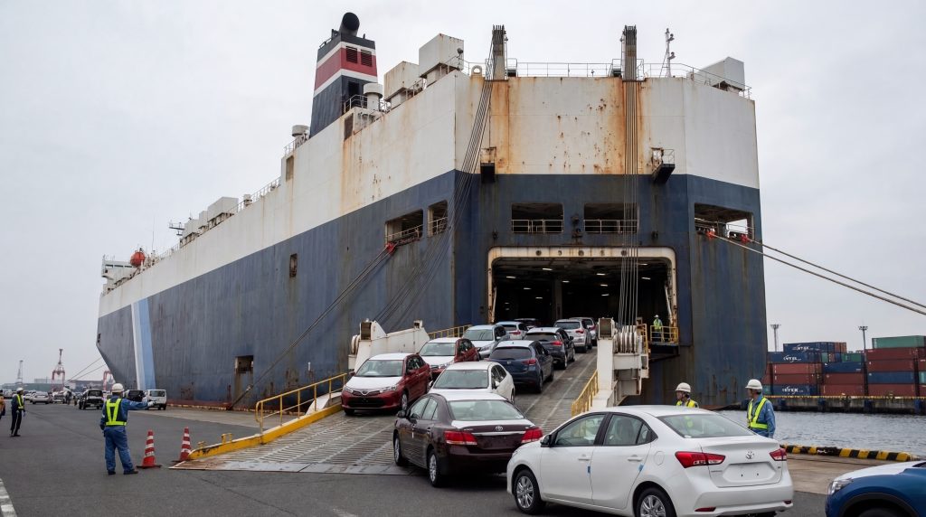 japanese-car-auction-process-2 Cars being loaded onto a Ro-Ro cargo ship for international export from Japan