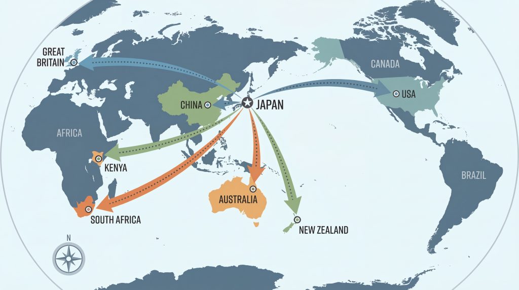 japanese-car-auction-process-4 Map showing global export routes of Japanese cars from Japan to major international markets