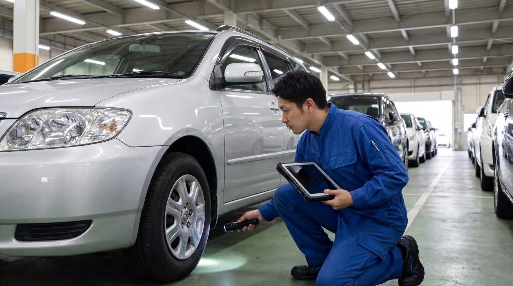japanese-car-auction-process-5 Japanese auction inspector checking the condition of a used car before auction