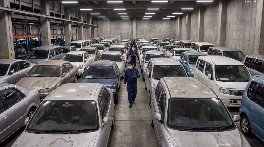 japanese-car-auction-process-7 1. Indoor storage area at a Japanese car auction with rows of vehicles waiting for inspection